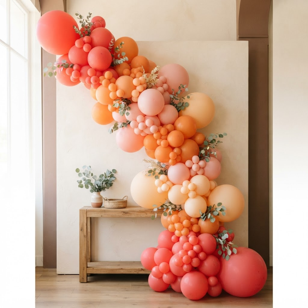 Artful organic balloon installation in coral, peach and blush with minimal greenery accents