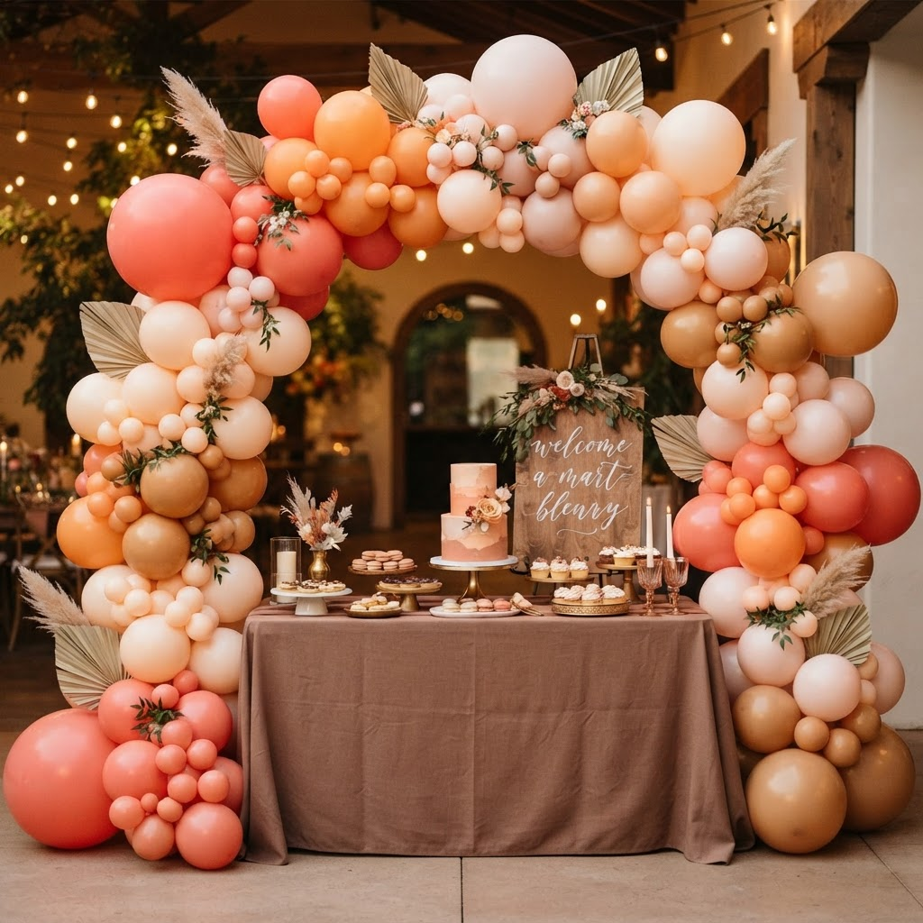 Blush and gold balloon arch with calligraphy sign and styled dessert table