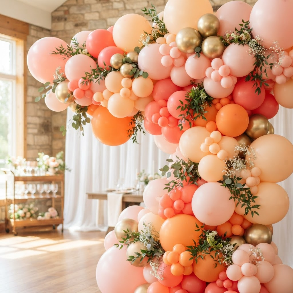 Pastel organic balloon cloud with hanging greenery for a shower