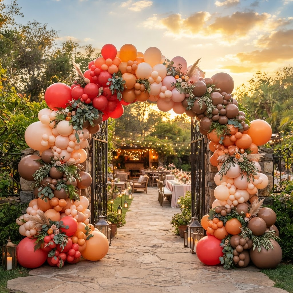 Organic balloon installation framing a garden party entrance at golden hour