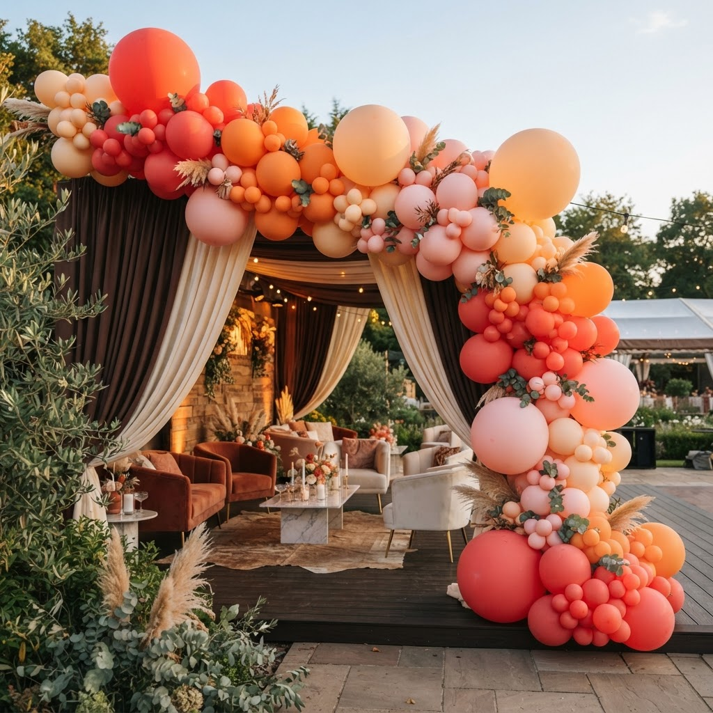 Lush organic balloon garland in coral, peach and blush arching over an elegant reception